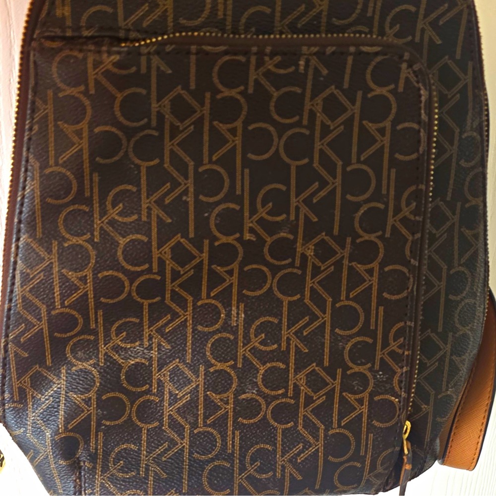 Calvin Klein CK Monogram Backpack Brown/Tan Zip Closure Logo Accent Women